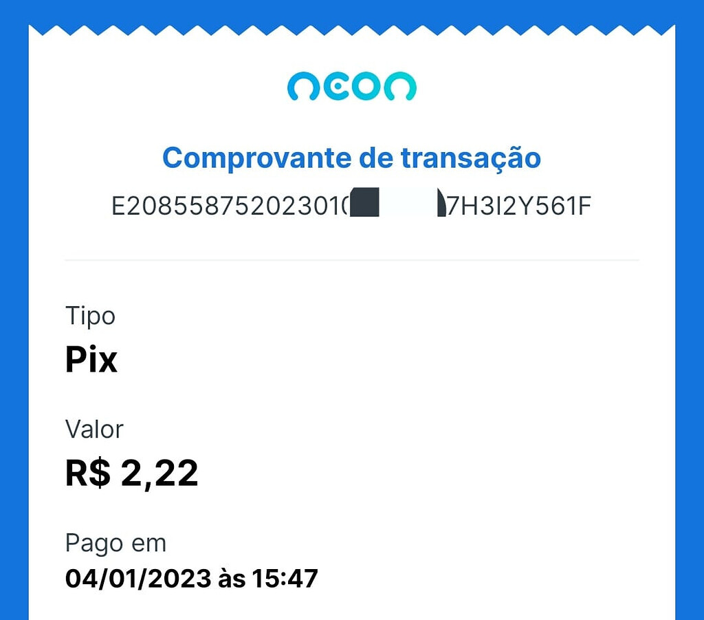 Comprovante pagamento feito via Pix ti 10 de outubro de 2023