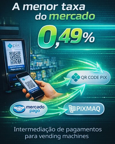 A menor taxa do mercado 0.49% para aceitar pagamentos por pix em vending machine